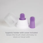 Two purple silicone finger brushes and a white hygienic holder with on-image text noting the included cover for storage or travel.