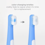 Two blue toothbrush heads showing color-changing bristles comparison with directional arrow and replacement message