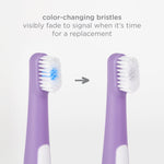 Two purple toothbrush heads showing blue color-changing bristles graphic indicating replacement signal