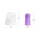 Purple silicone finger toothbrush beside its translucent white case with dimension callouts showing 2 in and 1.6 in measurements.