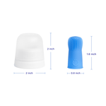 Blue silicone finger toothbrush and white storage cap with simple dimension callouts showing height and width.