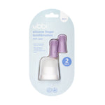 Retail blister pack showing two purple Ubbi silicone finger toothbrushes and a translucent white storage case with a visible “2 pack” label.