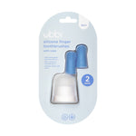 Retail blister package showing two polaris-blue Ubbi silicone finger toothbrushes and a white storage case, labeled 2 pack.