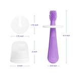 Purple Ubbi silicone training toothbrush and accessories shown with blue measurement callouts indicating dimensions on a white background.