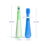 Green soft-bristled toothbrush and blue silicone 360° toothbrush with dimension callouts for height and width