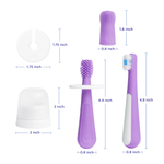 Purple baby toothbrush pieces with labeled dimensions including finger brush, holder and cap