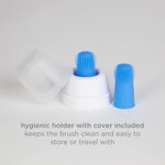 Two blue silicone finger toothbrushes displayed with a white hygienic holder and translucent cover, caption about the holder included.