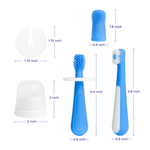 Flat-lay of blue training toothbrush pieces with dimensional measurement callouts showing heights and diameters
