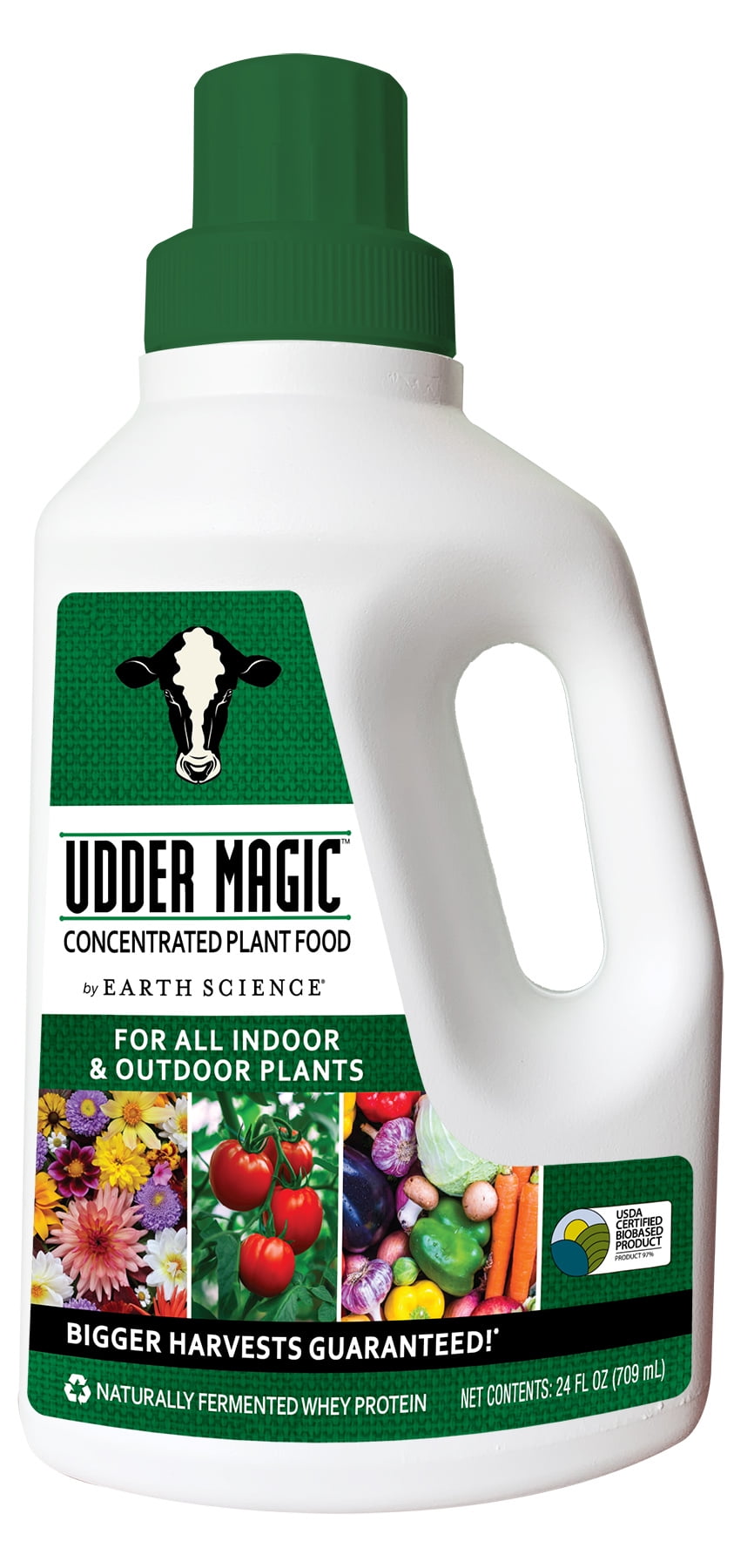 White jug of Udder Magic concentrated plant food with green cap and label showing cow logo and produce photos.