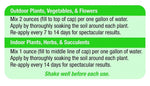 Instruction panel detailing mixing rates for outdoor plants and indoor plants with green headings and 'Shake well' note.