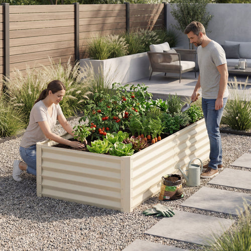 Couple gardening in a cream corrugated metal raised bed planter filled with vegetables and tools on gravel patio