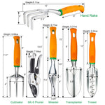 Diagram of individual Ukoke hand tools showing measurements and weights, labeled for rake, cultivator, pruner, weeder, transplanter and trowel.