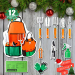 Holiday-themed display of Ukoke orange-and-green gardening set including apron, tools, gloves and spray bottle on a wood background with ornaments.