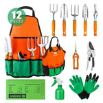 Flat-lay of orange-and-green Ukoke gardening kit with apron, gloves, spray bottle and hand tools on white background.