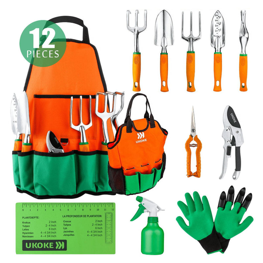 Flat-lay of orange-and-green Ukoke gardening kit with apron, gloves, spray bottle and hand tools on white background.