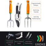 Three Ukoke garden tools and pruner on white background with callouts highlighting ergonomic handle, soft grip and anti-slip features plus brand logo.