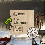Square wood-grain badge titled ‘The Ultimate After-Swim’ with children jumping into a lake in the background.