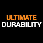 Black background graphic with bold orange and white text reading 'ULTIMATE DURABILITY'.