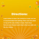 Directions panel on an orange background with white text explaining how to use dryer sheets in the dryer