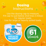 Orange infographic panel showing dosing instructions, 'Safe for All Washers' HE icon and a 61 loads badge for the detergent