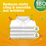 Graphic with stacked white shirts and an orange background, showing 180 sheets badge and claims about reducing static and wrinkles