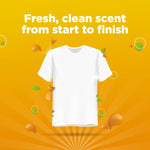 Illustrated white t-shirt on an orange burst background with text about a fresh, clean scent from start to finish