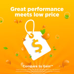 Orange promotional graphic with a price-tag icon and slogan 'Great performance meets low price' referencing the product comparison