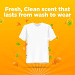 Graphic of a plain white t-shirt on an orange background with text claiming a 'Fresh, Clean scent that lasts from wash to wear'