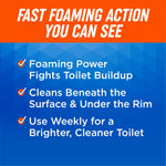 Blue infographic panel reading “Fast foaming action you can see” with bulleted cleaning benefits for toilet use