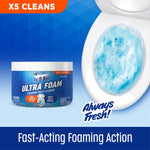 Ty-D-Bol Ultra Foam tub beside an open toilet bowl filled with blue foamy cleaner and “Always Fresh!” text