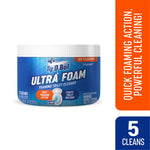 Ty-D-Bol Ultra Foam product tub on white background with orange side banner stating quick foaming action and a “5 cleans” box