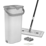 Ultra-narrow white mop bucket with gray rim and drainage spout beside a flat mop head and three rolled microfiber pads