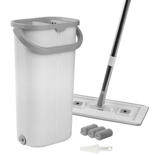 Ultra-narrow white mop bucket with gray rim and drainage spout beside a flat mop head and three rolled microfiber pads