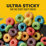 Close-up colorful cereal pieces on a yellow background with headline “ultra sticky for the stuff that’s tricky”