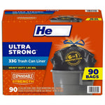 Orange retail box of Ultra Strong 33G trash can liners showing a tied black bag over a gray bin and '90 bags' callout