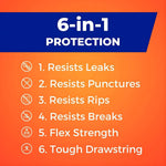 Orange infographic titled '6-in-1 Protection' listing resists leaks, punctures, rips, breaks, flex strength, and tough drawstring
