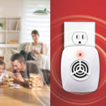 White ultrasonic plug-in repeller shown plugged into an outlet with blurred family in background and sound-wave graphics