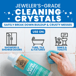 Graphic titled jeweler's-grade cleaning crystals with icons for showers, tubs, sinks and a bottle of Uncle Todd's