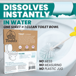 Product usage graphic showing Uncle Todd's box, a brush cleaning a toilet bowl, and copy proclaiming dissolves instantly in water