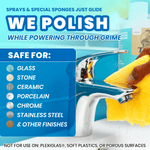 Close-up faucet being polished with a yellow cloth and text explaining surfaces safe for Uncle Todd's cleaner