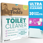 Close-up product box of Uncle Todd's lemon-scented toilet cleaner with dissolvable sheets and one sheet shown