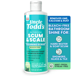 Front-facing bottle of Uncle Todd's Scum & Scale bathroom cleaning scrub with teal label and feature panel
