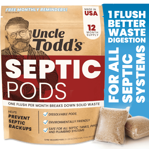 Front-facing kraft pouch of Uncle Todd's Septic Pods with bold product name and two dissolvable pods shown at right.