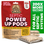 Uncle Todd’s Septic Power Up Pods red package with three dissolvable pods displayed in front on white background.