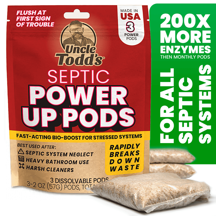 Uncle Todd’s Septic Power Up Pods red package with three dissolvable pods displayed in front on white background.
