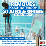 Shower scene infographic showing Uncle Todd's product removing tough bathroom stains and grime without bleach