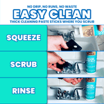 Three-step visual guide showing squeeze, scrub, rinse using Uncle Todd's scrub on a bathroom faucet and sink