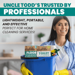 Lifestyle image of a smiling cleaner holding a blue bucket containing Uncle Todd's floor and toilet cleaner boxes in foreground