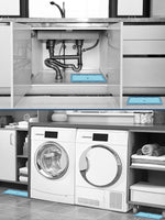 Composite home scenes showing blue glue trays placed under a kitchen sink cabinet and beside a laundry washer as placement examples