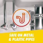Under-sink pipes and fixtures with P-trap icon and yellow banner stating 'Safe on metal & plastic pipes'